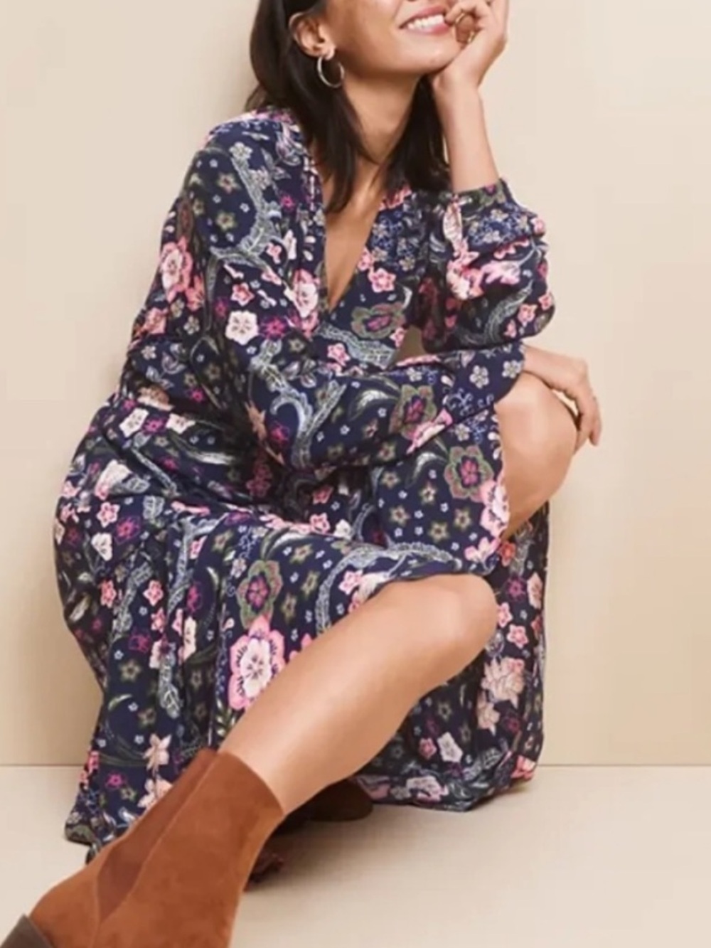 LOFT Navy Floral V-Neck Midi Dress Pink Green Floral Small NWT Shirred Flounce